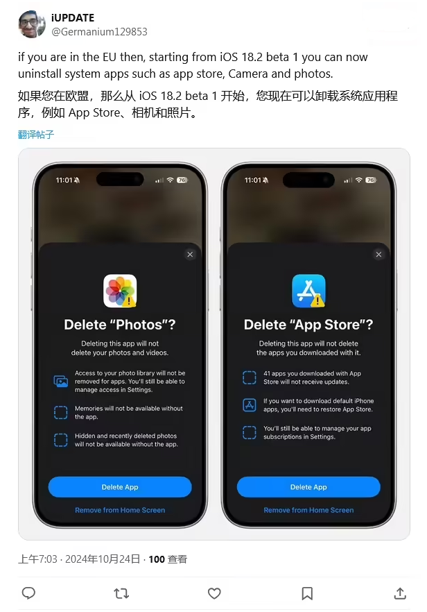 四会苹果手机维修分享iOS 18.2 支持删除 App Store 应用商店 