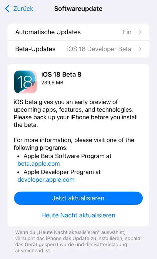 四会苹果手机维修分享苹果 iOS / iPadOS 18 开发者预览版 Beta 8 发布 